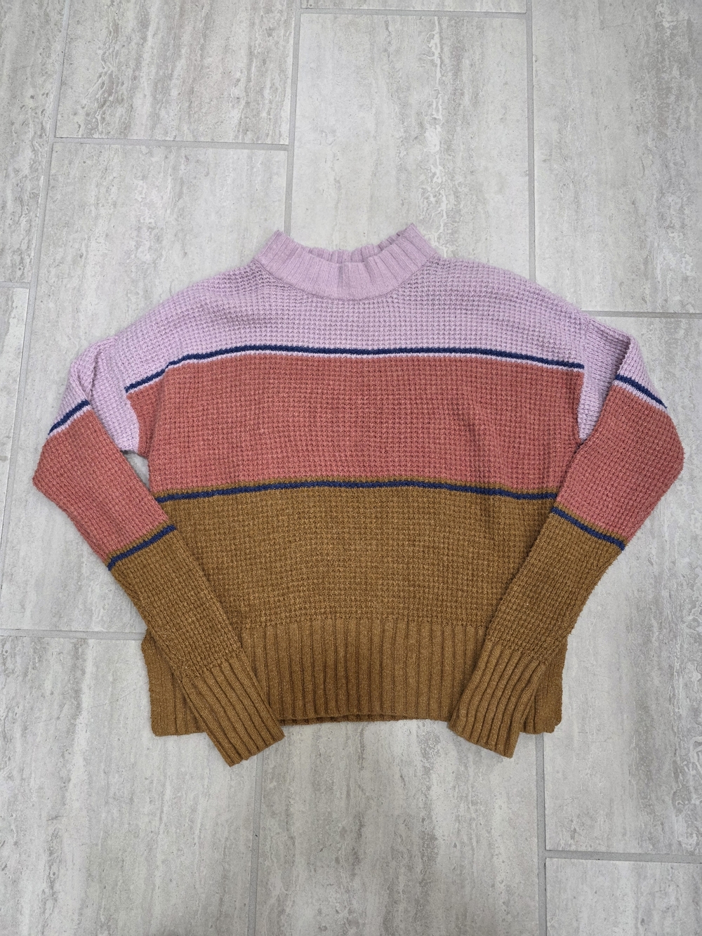 SO Striped Waffle-Knit Sweater in Pink, Coral & Brown